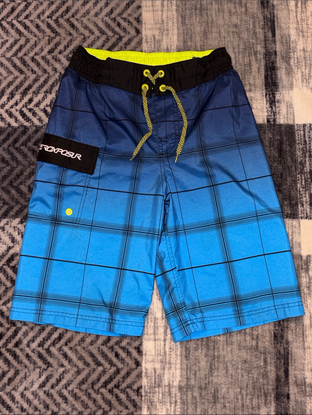 ZeroXposur Blue Plaid Boys Swim Trunks with Neon Yellow Accents